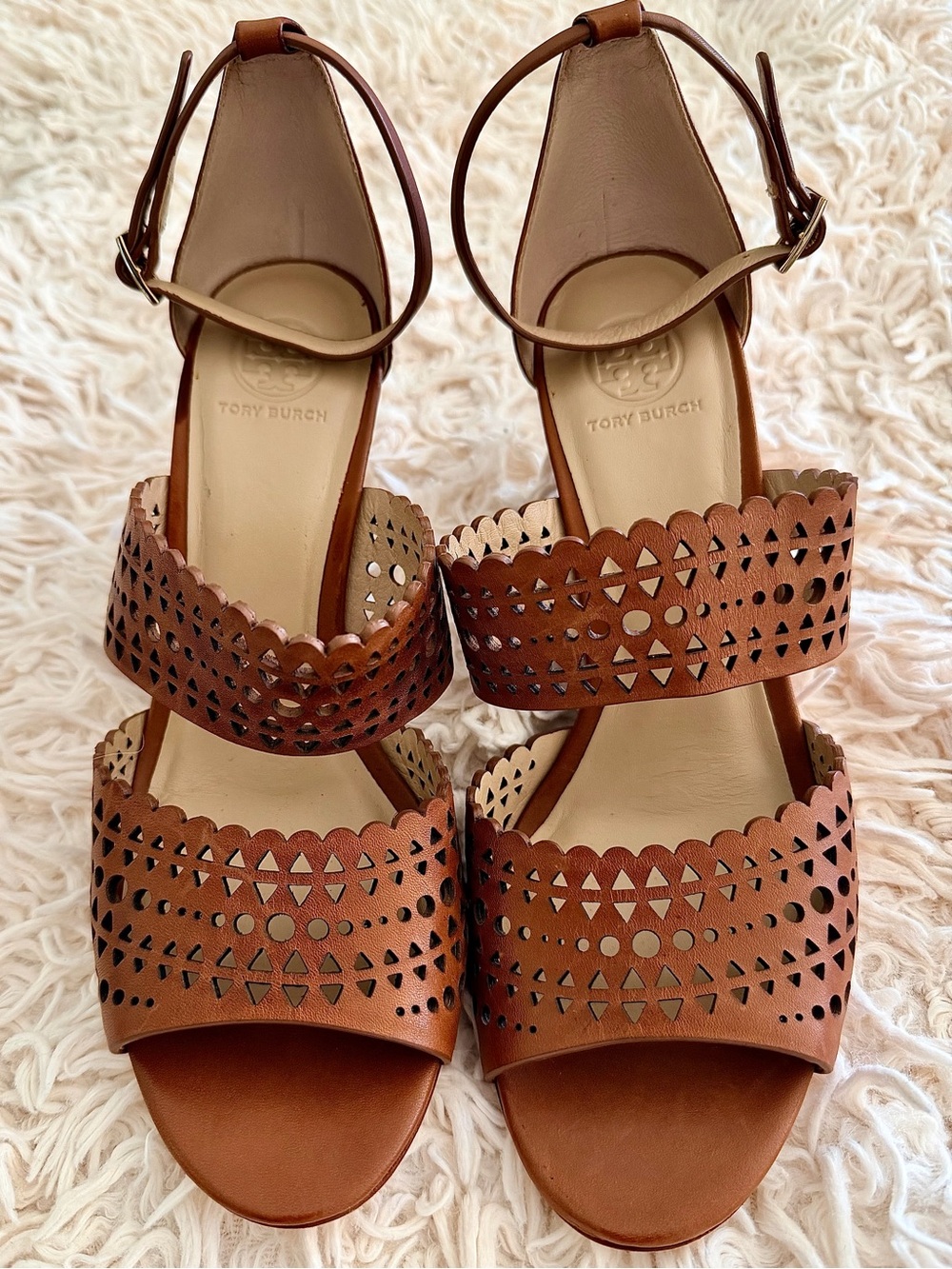 😍 TORY BURCH Brown Laser-Cut Leather Ankle-Strap Sandals (Size 8.5 - Like New)